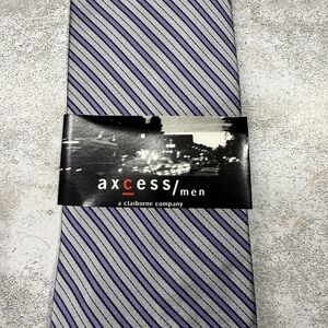 Axcess‎ Tie Mens One Size Gray Purple Stripe 100% Silk Woven Hand Made Necktie